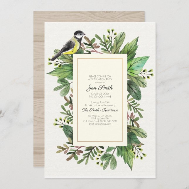 Wasserfarbe Woodsy. Einladung zur Graduationsparte (Vorne/Hinten)