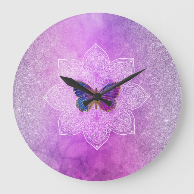 *~* Wasserfarbe Yoga Glitzer Butterfly Mandala Große Wanduhr (Vorderseite)