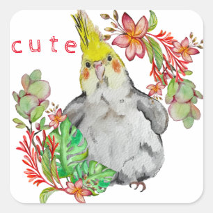 Wasserfarbe zeichn eines lustigen Papagei in Blume Quadratischer Aufkleber