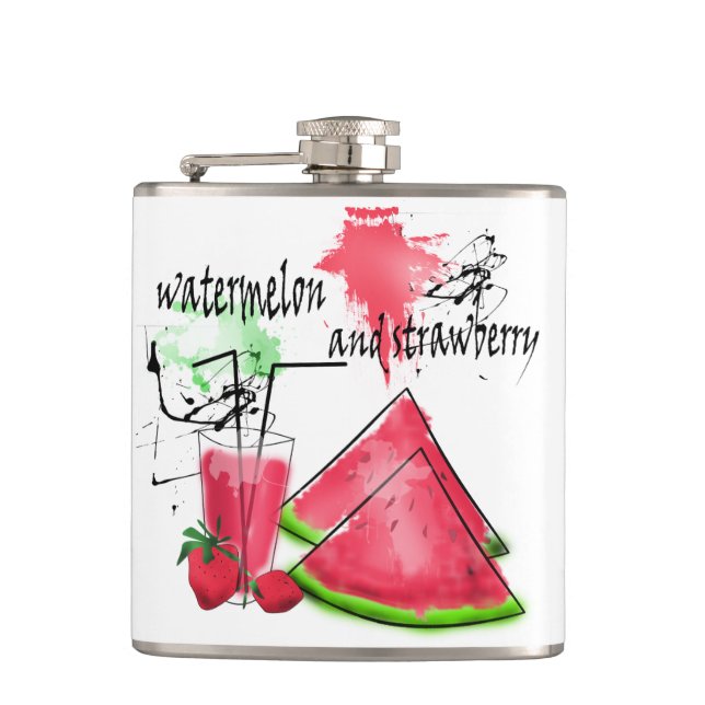 Wasserfarbe zeichn von Wassermelonen und Erdbeeren Flachmann (Vorderseite)