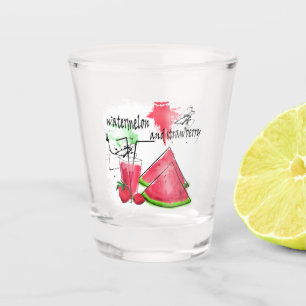 Wasserfarbe zeichn von Wassermelonen und Erdbeeren Schnapsglas