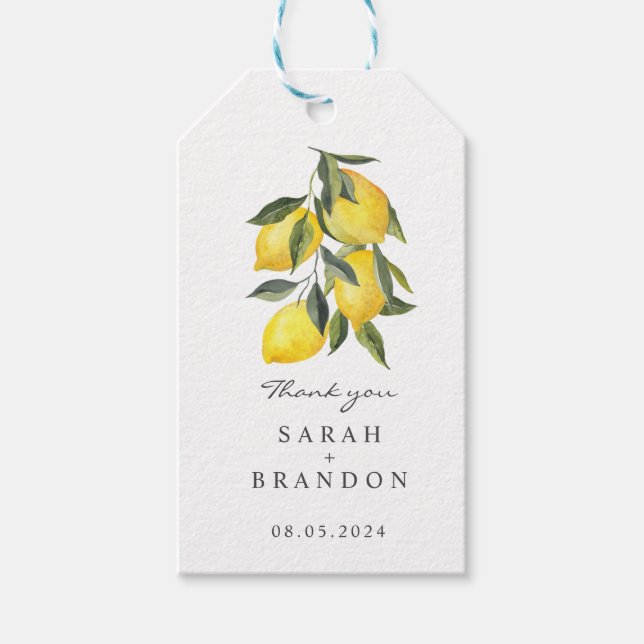 Wasserfarbe Zitrus Lemon Sommerhochzeit Geschenkanhänger (Vorderseite)