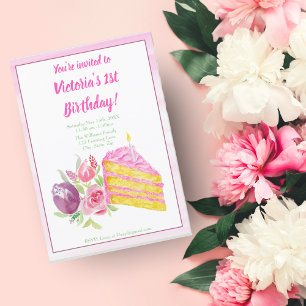 Wasserfarben 1. rosa Geburtstagstorte mit Blumen Einladung
