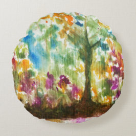 Wasserfarben Abstrakt Landschaft Art Treppen Wald Rundes Kissen