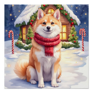 Wasserfarben Akita Lebkuchenhäuschen Weihnachten  Poster