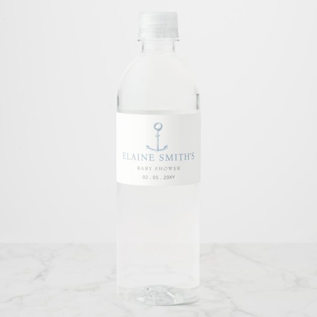 Wasserfarben Anchor Nautical Blue Beach Baby Dusch Wasserflaschenetikett (Vorderseite)