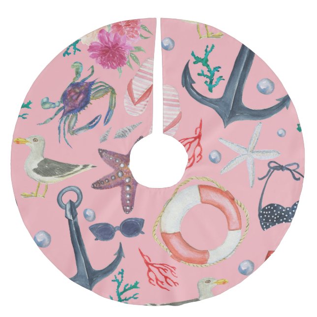 Wasserfarben-Anchor-Sternfisch-Muster Polyester Weihnachtsbaumdecke (Vorderseite)