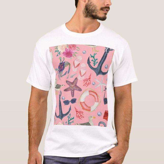 Wasserfarben-Anchor-Sternfisch-Muster T-Shirt (Vorderseite)