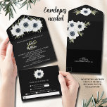 Wasserfarben-Anemone-Hochzeit All In One Einladung<br><div class="desc">Elegante Schwarz-Weiß-Anemone-Blume auf schwarzem Hintergrund akzentuieren diese dreifach gefalteten Hochzeitseinladungen mit Ihren Details in schicken Schriftzeichen auf Vorder- und Rückseite und einer abnehmbaren RSVP-Karte für die Gäste zum Abschluss und zur Rückkehr. **Vergessen Sie nicht, eine Briefmarke auf der RSVP-Karte und Umschläge auf Ihre Bestellung auf E-Mail lädt! PASSENDE Artikel in...</div>