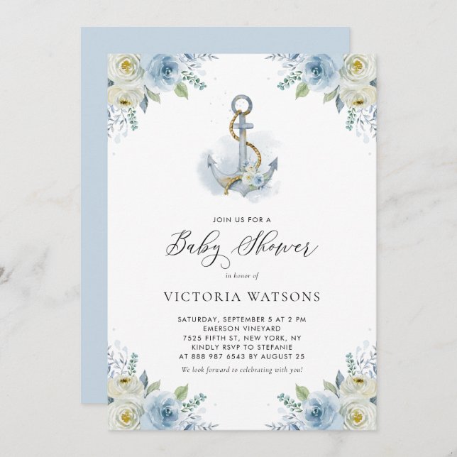 Wasserfarben-Anker und Blumen-Blumen-Babydusche Einladung (Vorne/Hinten)