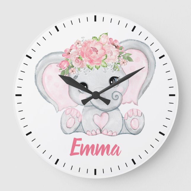 Wasserfarben Baby Elephant Pink Floral Girl Kinder Große Wanduhr (Vorderseite)