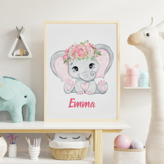 Wasserfarben Baby Elephant Pink Floral Girl Kinder Poster