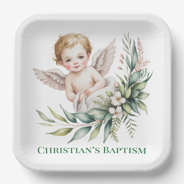 Wasserfarben-Baby-Engel-Federflügel-Taufe  Pappteller (Vorderseite)