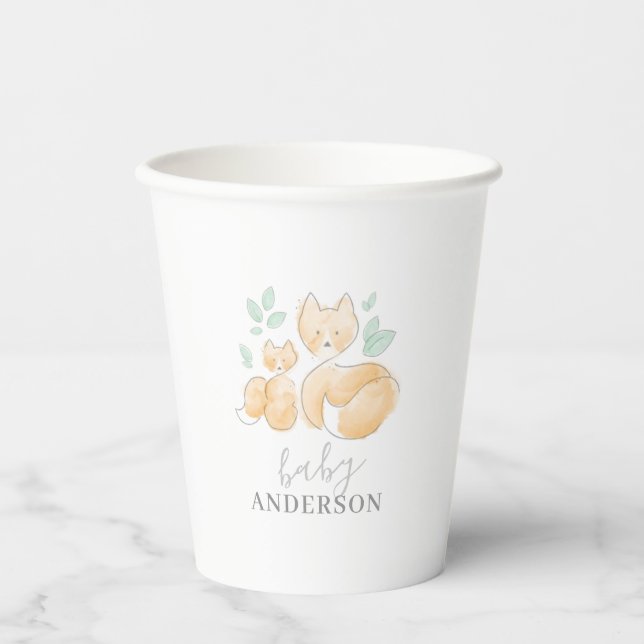 Wasserfarben Babydusche Fox Papiertasse Pappbecher (Vorderseite)