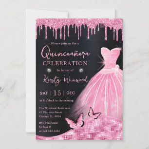 Wasserfarben Babyrosa Glitzerkleid Quinceanera Einladung