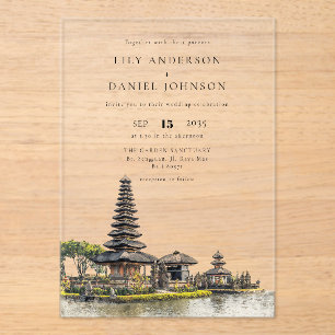 Wasserfarben Bali-Tempel Ziel Hochzeit Acryleinladungen