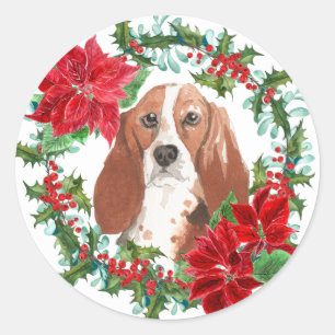 Wasserfarben-Basset Hound Poinsettia Holiday Wreat Runder Aufkleber