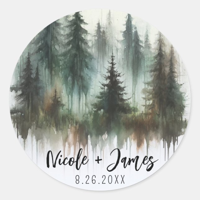 Wasserfarben Bäume Rustikale Hochzeit der Wildnis Runder Aufkleber (Vorderseite)