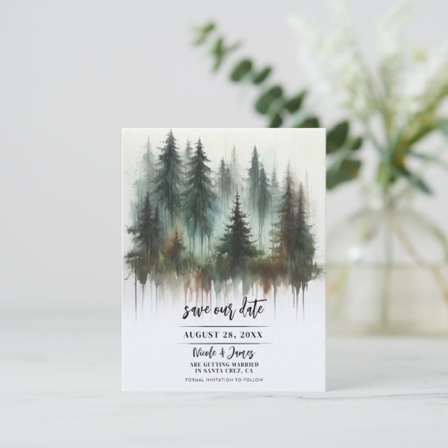 Wasserfarben Bäume Rustikale Wildnis Save the Date Einladung (Stehend Vorderseite)