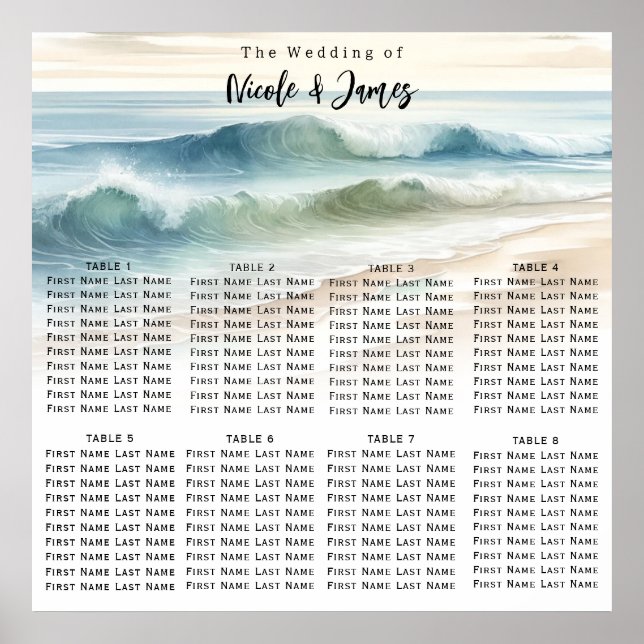 Wasserfarben Beach Waves Hochzeitsdiagramm Poster (Vorne)