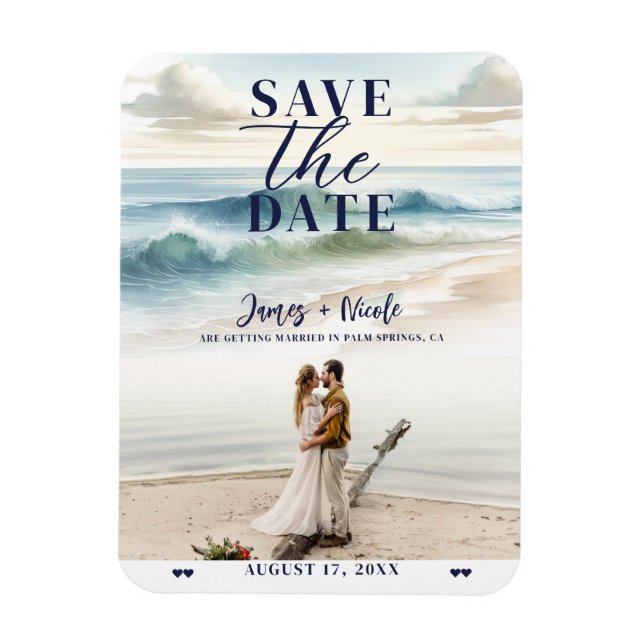 Wasserfarben Beach Waves Küste Save the Date Foto Magnet (Vertikal)