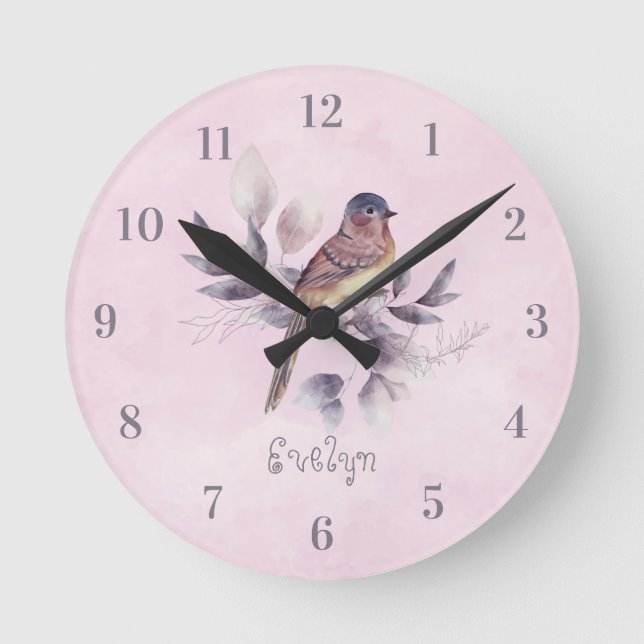 Wasserfarben-Bird-Girlaname Acrylmauer-Uhr Runde Wanduhr (Vorderseite)