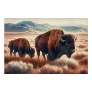 Wasserfarben-Bison auf den Ebenen Poster