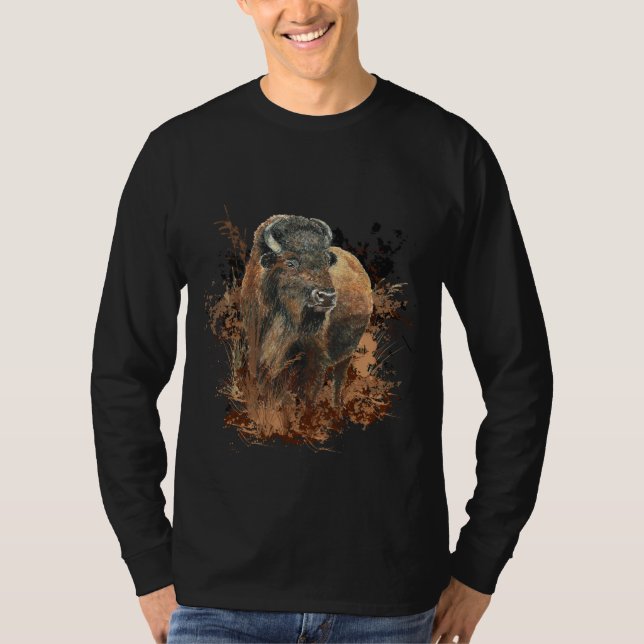 Wasserfarben Bison Buffalo Tierwelt Art T- T-Shirt (Vorderseite)