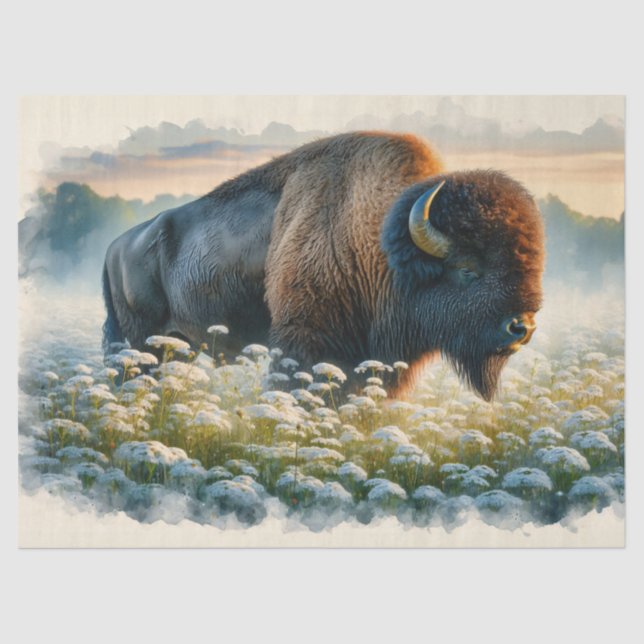 Wasserfarben-Bison White-Wildblumen Decoupage Seidenpapier (Vorderseite)