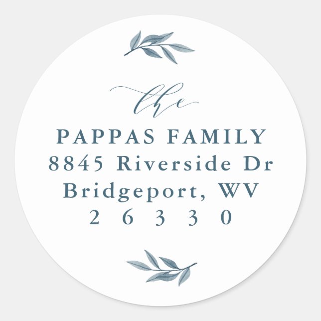 Wasserfarben-Blätter - blaues Rücksendezeichen Runder Aufkleber (Vorderseite)