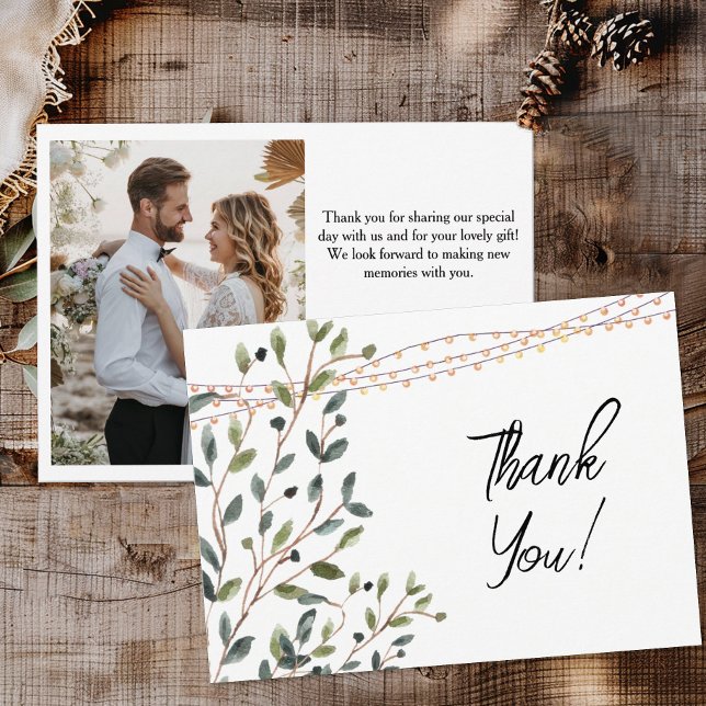 Wasserfarben-Blätter Foto Hochzeit Dankeskarte (Rustic botanical wedding thank you cards)