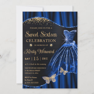 Wasserfarben Blau & Gold Glitter Kleid Sweet Sixte Einladung