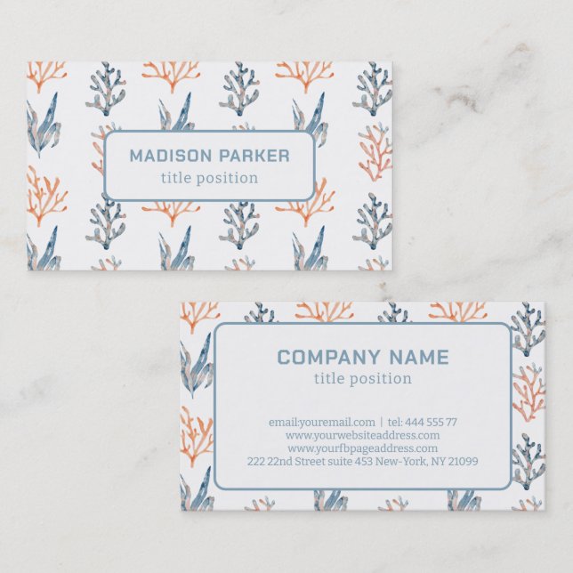 Wasserfarben Blau- und Orangenkorallen Visitenkarte (Vorne/Hinten)