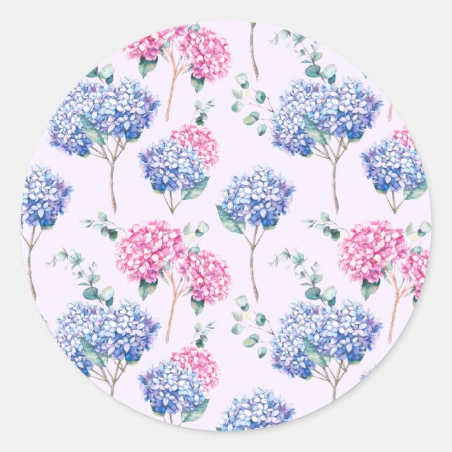 Wasserfarben Blau und Pink Hydrangeas Blumenmuster Runder Aufkleber (Vorderseite)