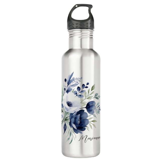 Wasserfarben Blau und Weiß BlumenBouquet Edelstahlflasche (Vorderseite)