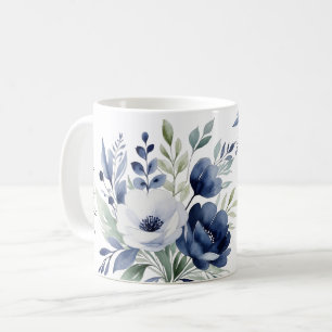Wasserfarben Blau und Weiß BlumenBouquet Kaffeetasse
