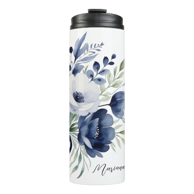 Wasserfarben Blau und Weiß BlumenBouquet Thermosbecher (Vorderseite)