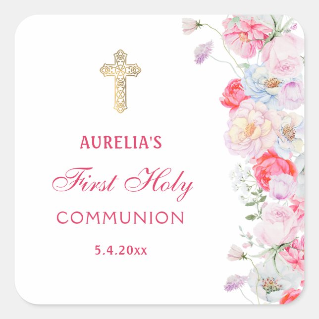 Wasserfarben Blume Erste Kommune Quadratischer Aufkleber (Vorderseite)