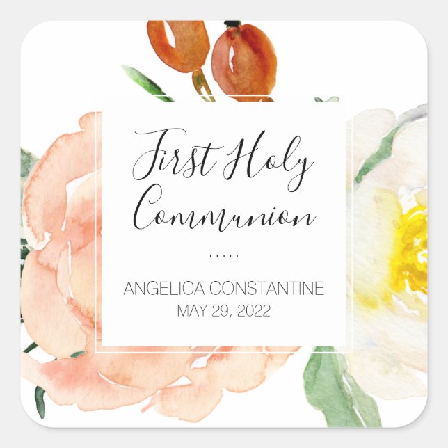 Wasserfarben-Blume Girls erste heilige Kommune Quadratischer Aufkleber (Vorderseite)