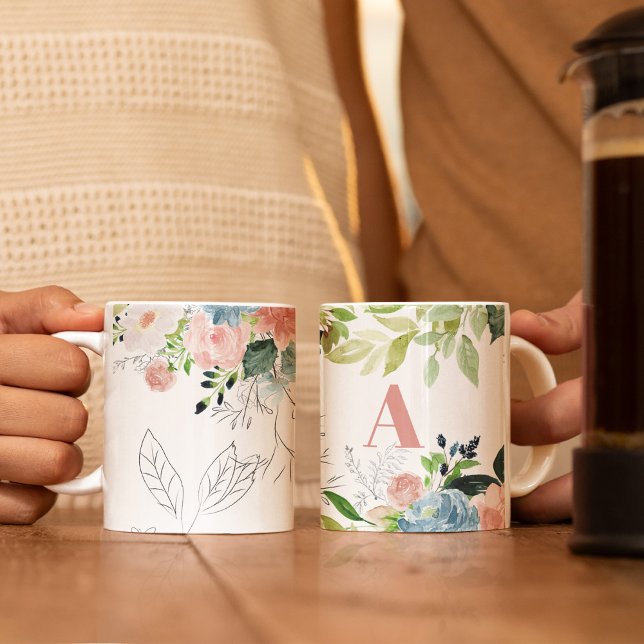 Wasserfarben Blumen elegant pink mit Monogramm Tasse (Von Creator hochgeladen)