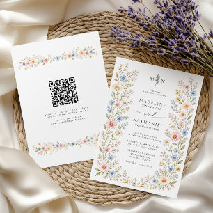 Wasserfarben-Blumen-Hochzeit mit QR-Code Einladung
