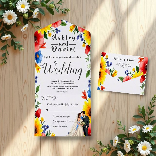 Wasserfarben Blumengarten Paar Sommerhochzeit All In One Einladung (Von Creator hochgeladen)