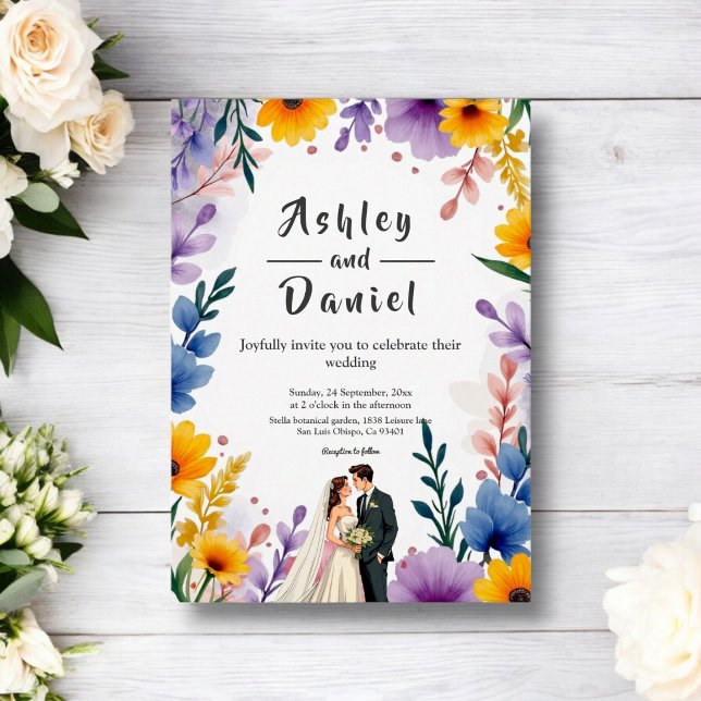 Wasserfarben Blumengarten Paar Sommerhochzeit Einladung (Von Creator hochgeladen)