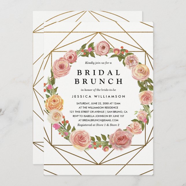 Wasserfarben Blumenreath Geometric Bridal Brunch Einladung (Vorne/Hinten)