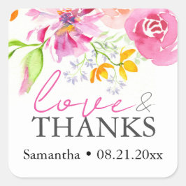 Wasserfarben Blumenthema Vielen Dank Quadratischer Aufkleber
