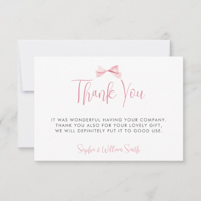 Wasserfarben Blush Pink Bow Ribbon Girl Babydusche Dankeskarte (Vorderseite)