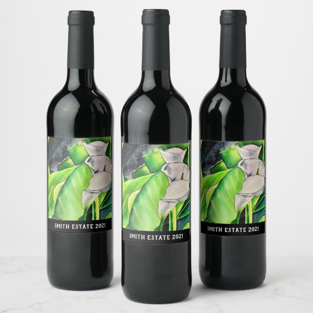 Wasserfarben-Blütenkalk Weinetikett (Flaschen)