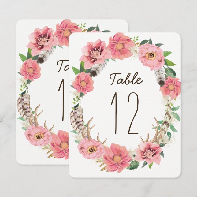 Wasserfarben Boho Feathers Tischnummer Cards (Vorne/Hinten)