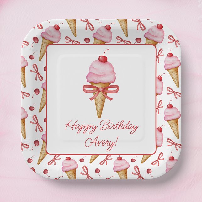 Wasserfarben-Bow Pink-Eiscreme-Kon-Party Pappteller (Von Creator hochgeladen)