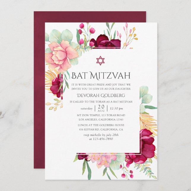 Wasserfarben Burgund und Blush Floral Bat Mitzvah Einladung (Vorne/Hinten)